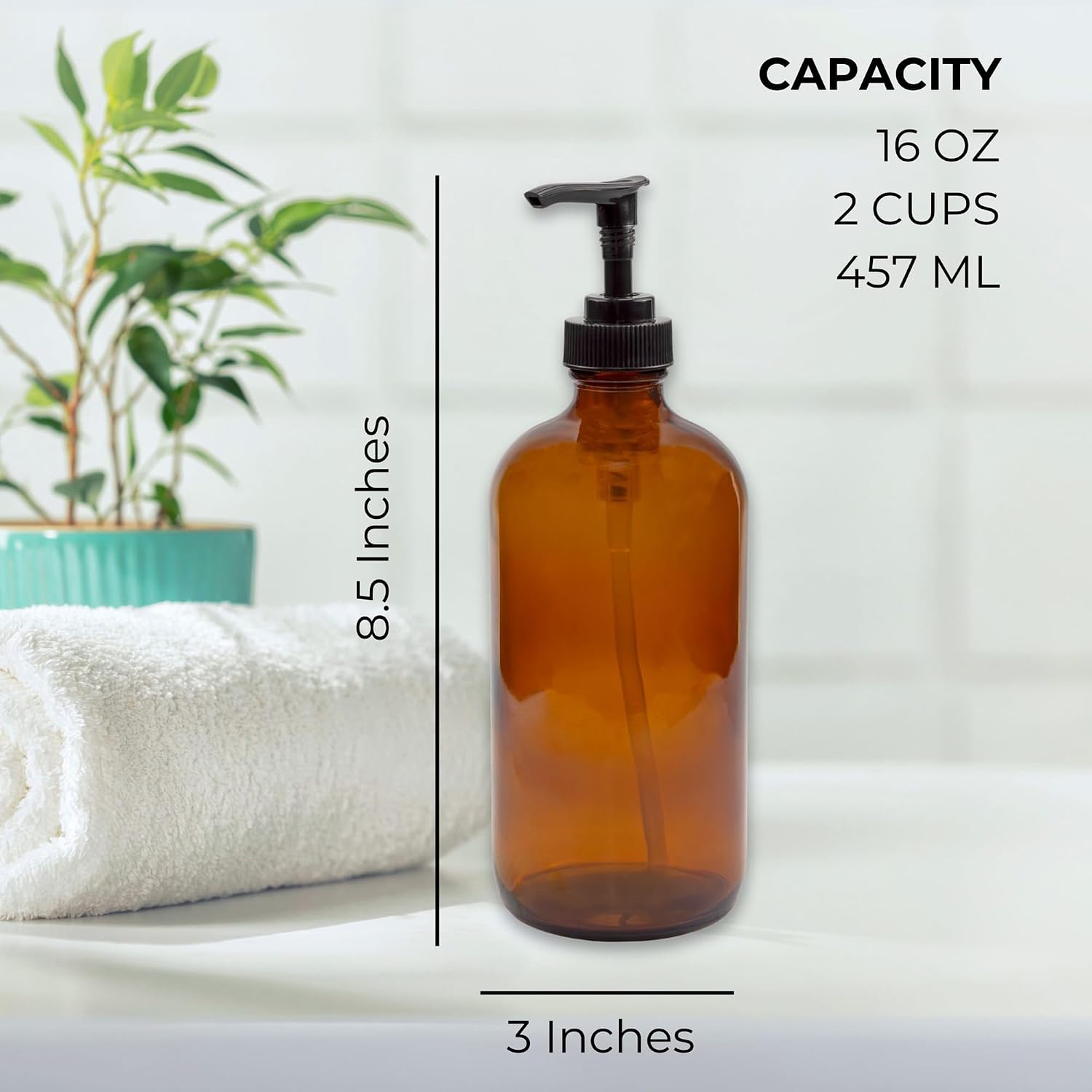Cornucopia Brands 16oz Amber Glass Bottles w/ Pump Dispensers (2-Pack); Refillable Lotion Liquid Soap Pump Brown Bottles Labels, BPA-Free Plastic Tops