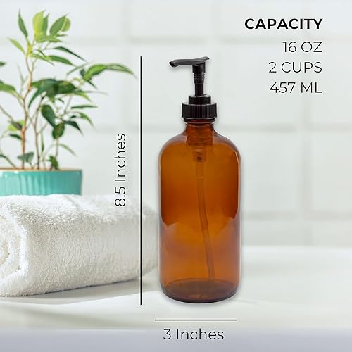 Miniatura 6 de Botellas vacías de 16 onzas de vidrio, estilo Boston, redondas con despachador negro de plástico libre de bisfenol A, 2 unidades, reutilizables,