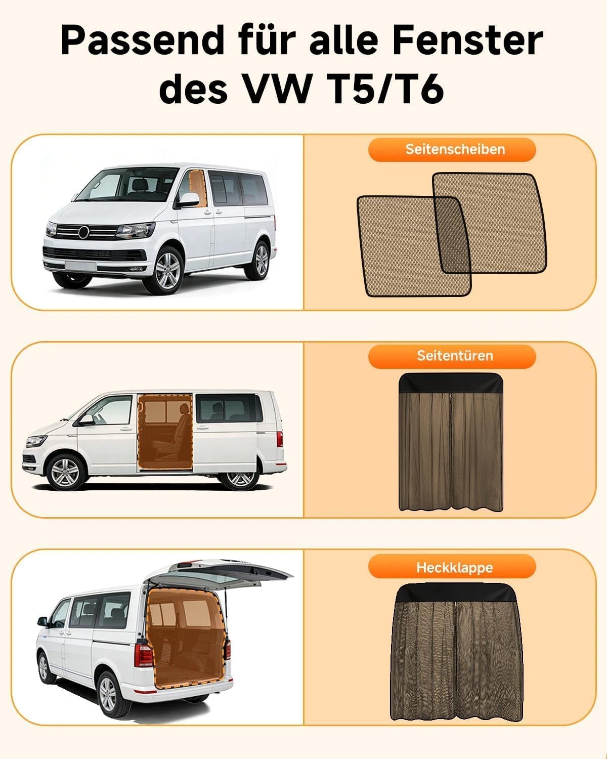 Moskitonetz für VW T5 T6 Seitenfenster | Mit Reißverschluss & Magneten für Sonnenschutz & Staubschutz | Ideal für Camping, Auto-Übernachtung & Belüftung auf Reisen