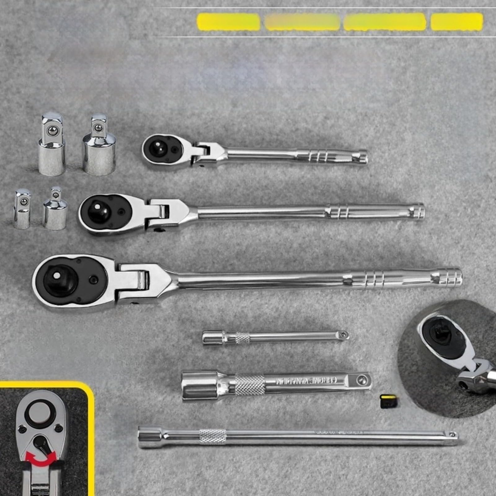 Juego de llaves de carraca reversibles de 72 dientes, acero al cromo vanadio con extensor para adaptadores de barras de 1/4 pulgadas, 3/8 pulgadas, 1/2 pulgada