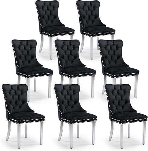 Miniatura 29 de Juego de 6 sillas de comedor de terciopelo, sillas de comedor tapizadas acolchadas con ribete de tachuelas y patas de madera maciza para cocina,