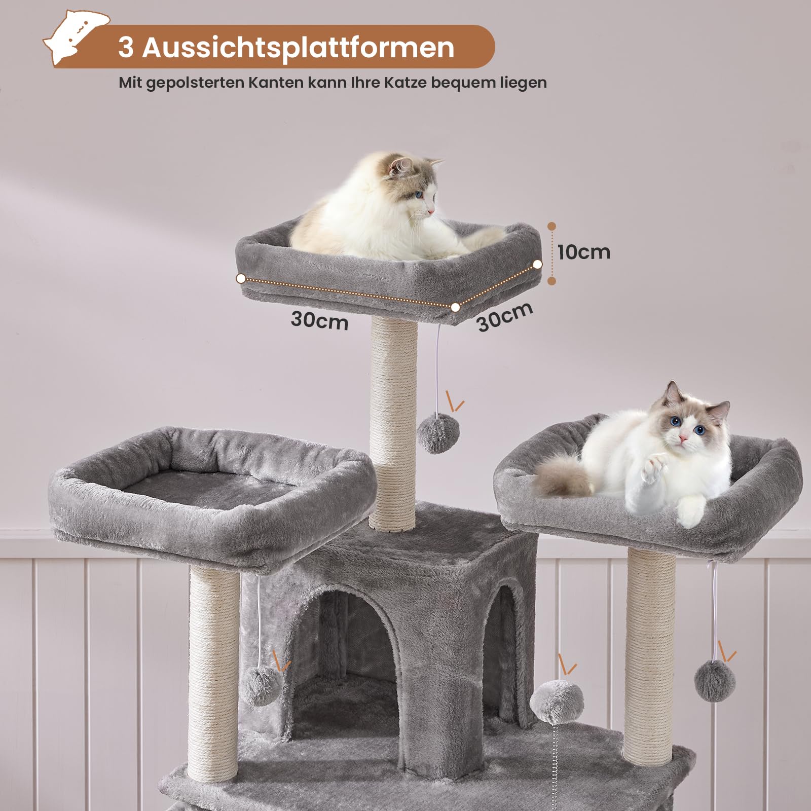 MSmask Kratzbaum groß XXL, Katzenbaum stabil mit 3 Aussichtsplattformen, Katzenkratzbaum für große Katzen, Sisalsäulen, Hellgrau