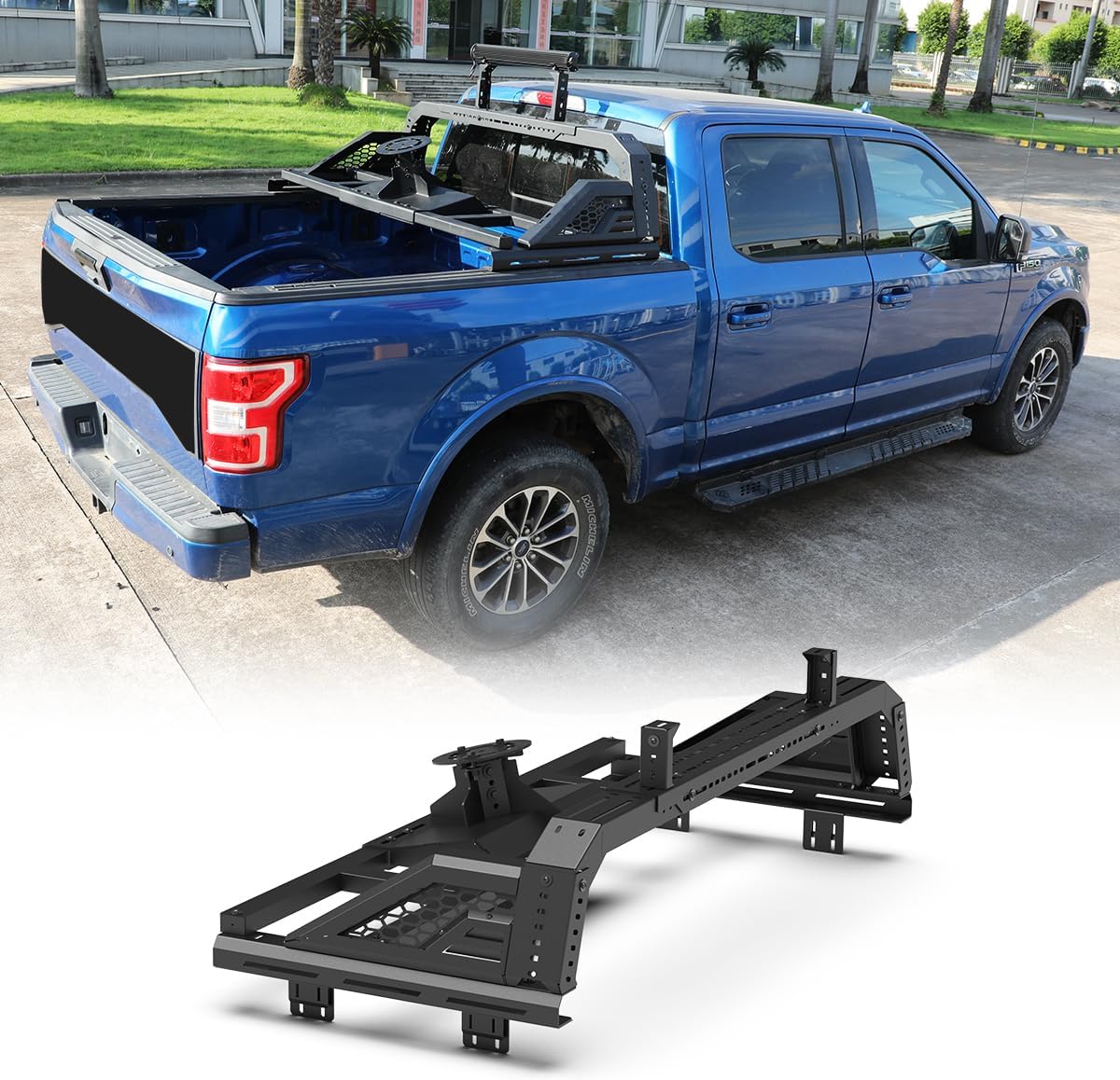 WOLFSTORM Roll Bar for Truck Full-Size Pickup Trucks,Universal Modular Overland Bed Rack，Versatile Roll Cage Adjustable Size w/Spare Tyre Carrier & LED Light Mounting Bracket (F+NO01)