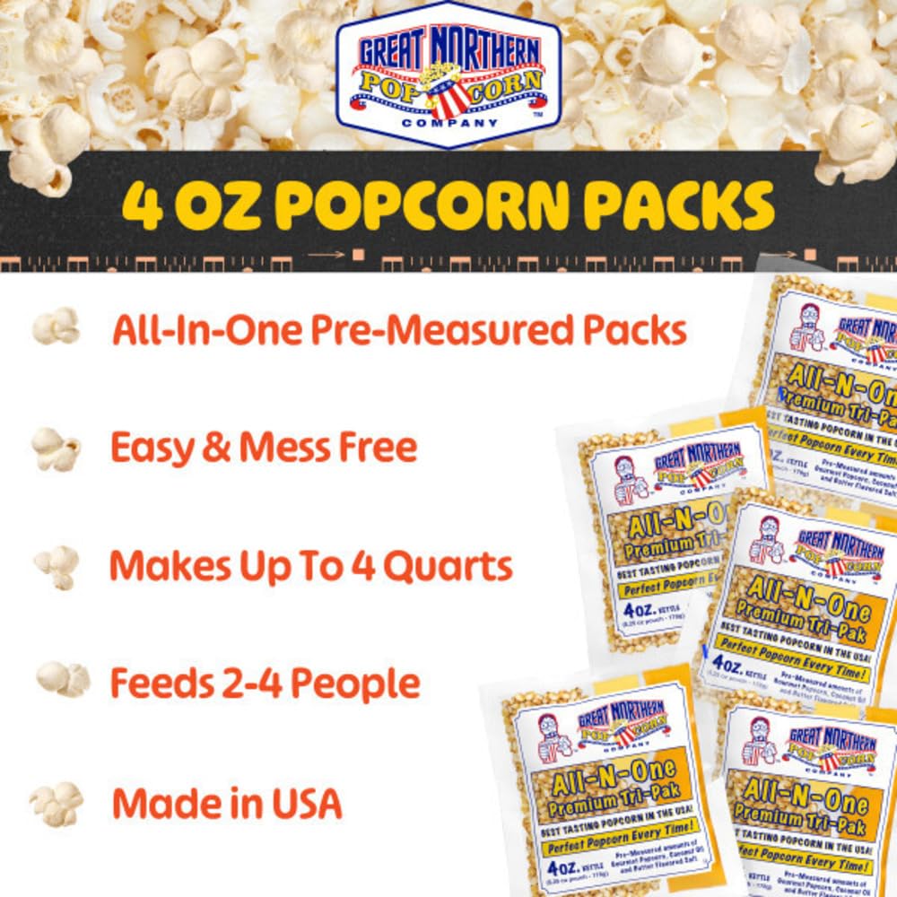 4oz Popcorn Machine Popcorn Packets - All-in-One Movie Theater Style Popcorn Kernels, Salt, and Oil Packs by Great Northern Popcorn (24 Case) - Image 4