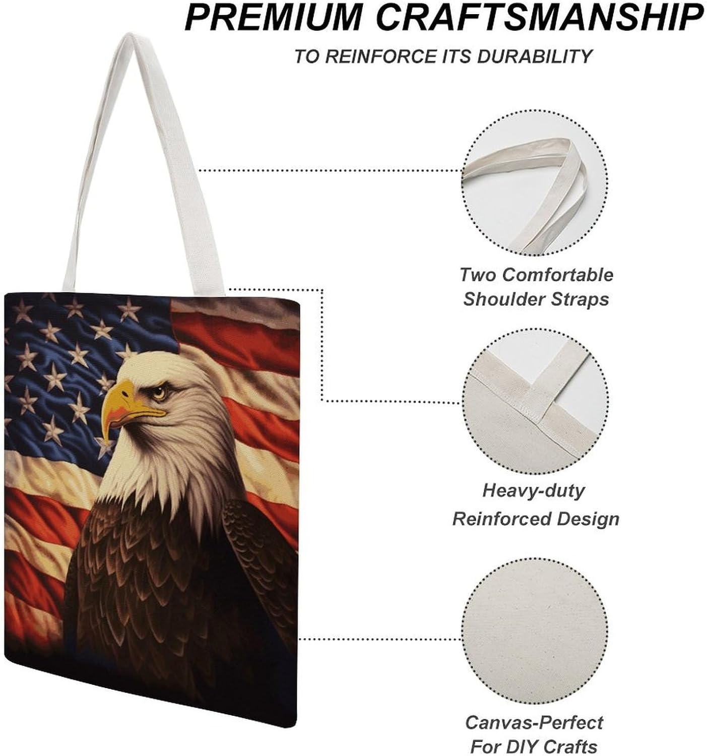 Canvas Tote Bag 16x15 In Lightweight Foldable Shoulder Hobo Purse | Flag And Eagle, Casual Tote with 10" Strap, Everyday Carryall, for Travel Work Grocery Shopping Beach Mark Gym Yoga