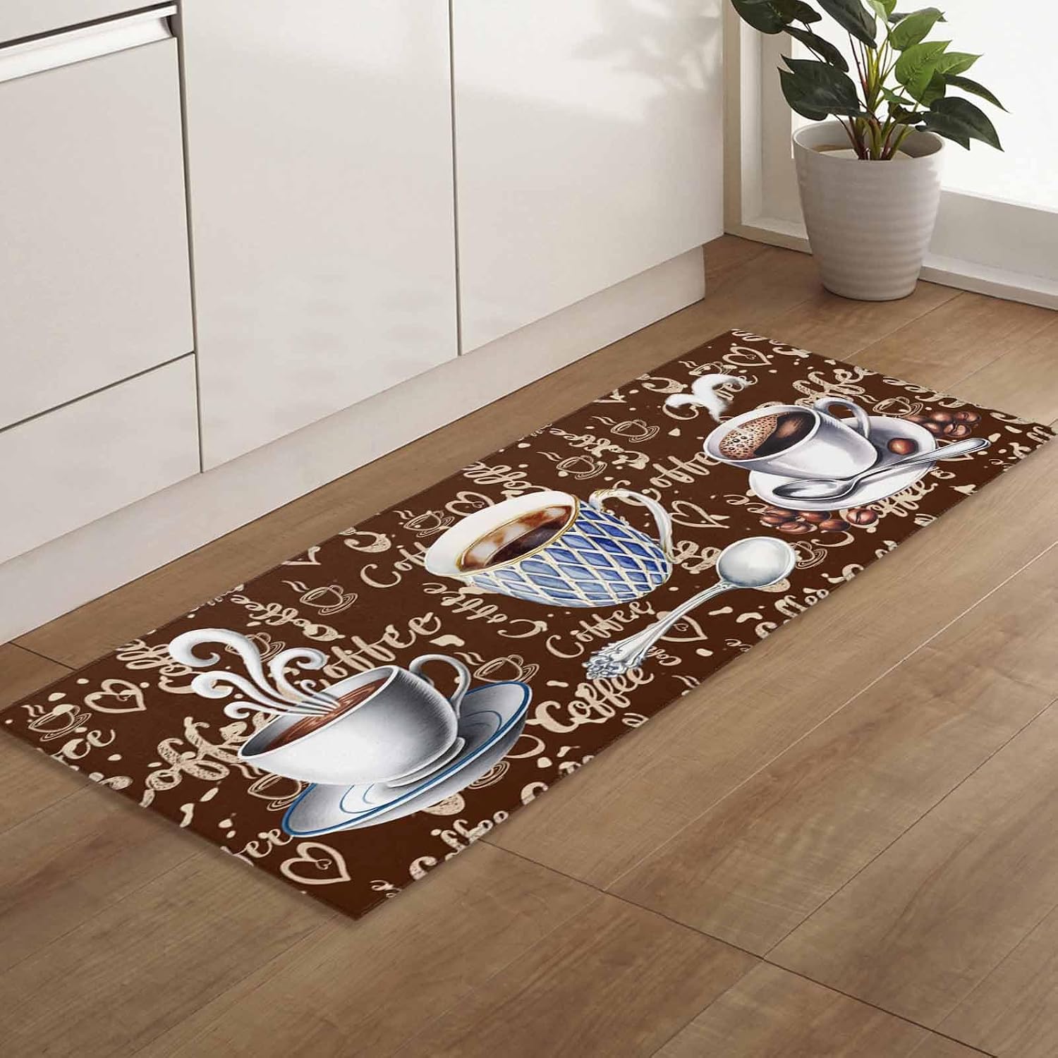 Brown Coffee Farmhouse Kitchen Rugs Set of 2, Coffee Cup Bean Sugar Retro Washable Bath Shower Door Welcome Runner Area Rug Mat Carpet for Bedroom Bathroom Living Room 20"x 32"+ 20"x 47"