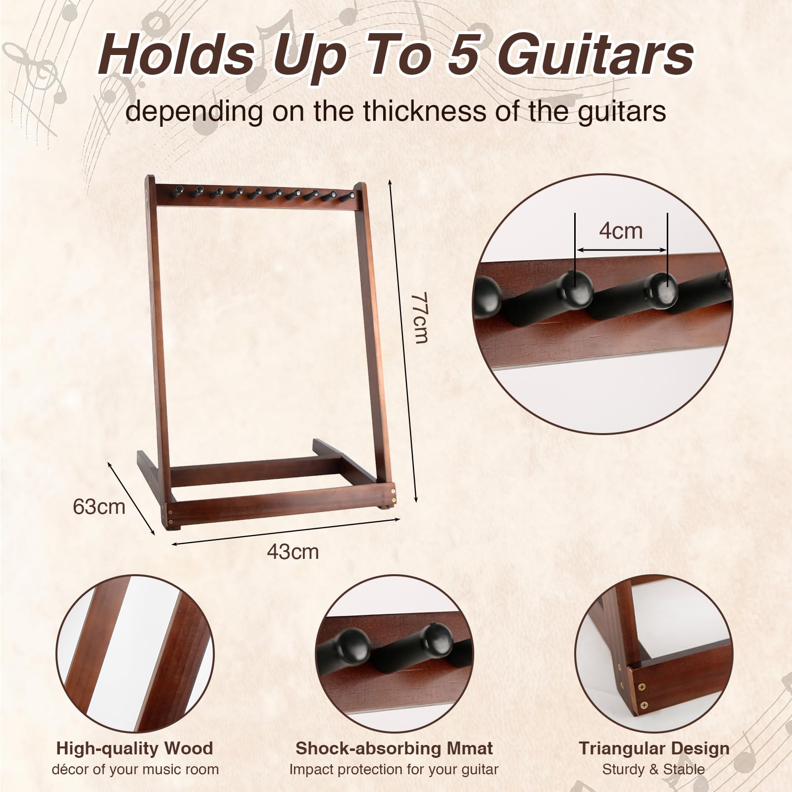 Soporte de madera para 5 guitarras, pie en el suelo, soporte múltiple para guitarra, soporte múltiple para exhibición para estudio y hogar, adecuado para guitarras eléctricas, Akusti