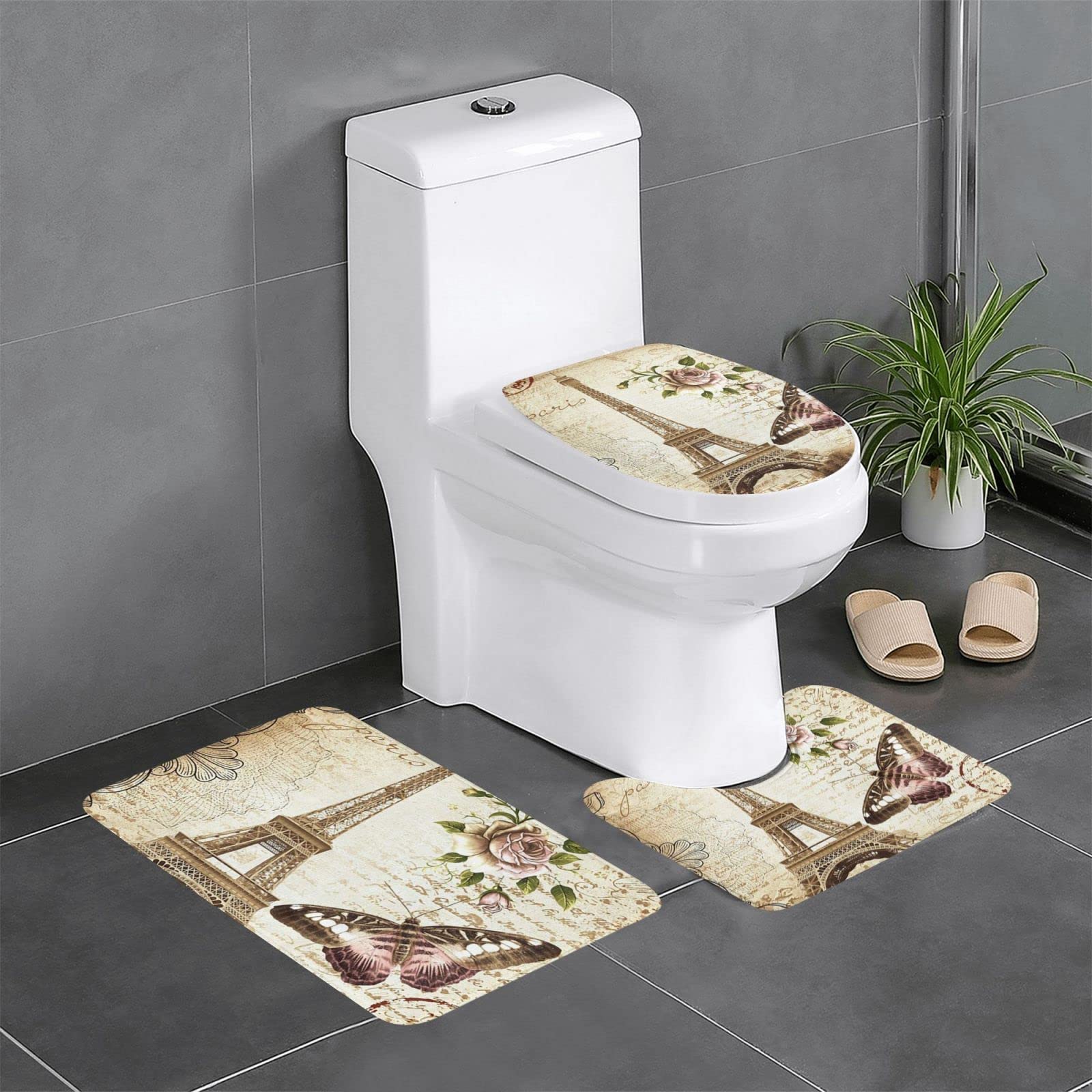 Tapis de salle de bain Paris Tour Eiffel vintage en lot de 3 pièces pour douche