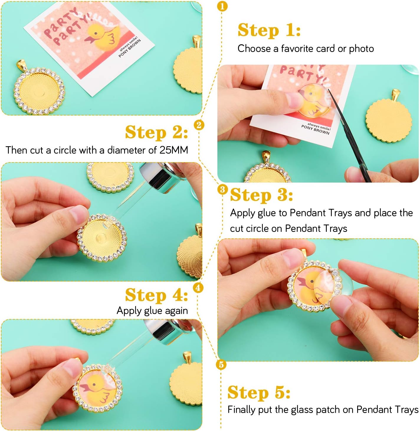 12 Pieces Rhinestone Diamond Pendant Trays 25 mm Round Bezel Pendant Trays and 12 Pieces Transparent Glass Cabochons for Photo Jewelry Craft DIY Making(Gold and Sliver) - Image 4