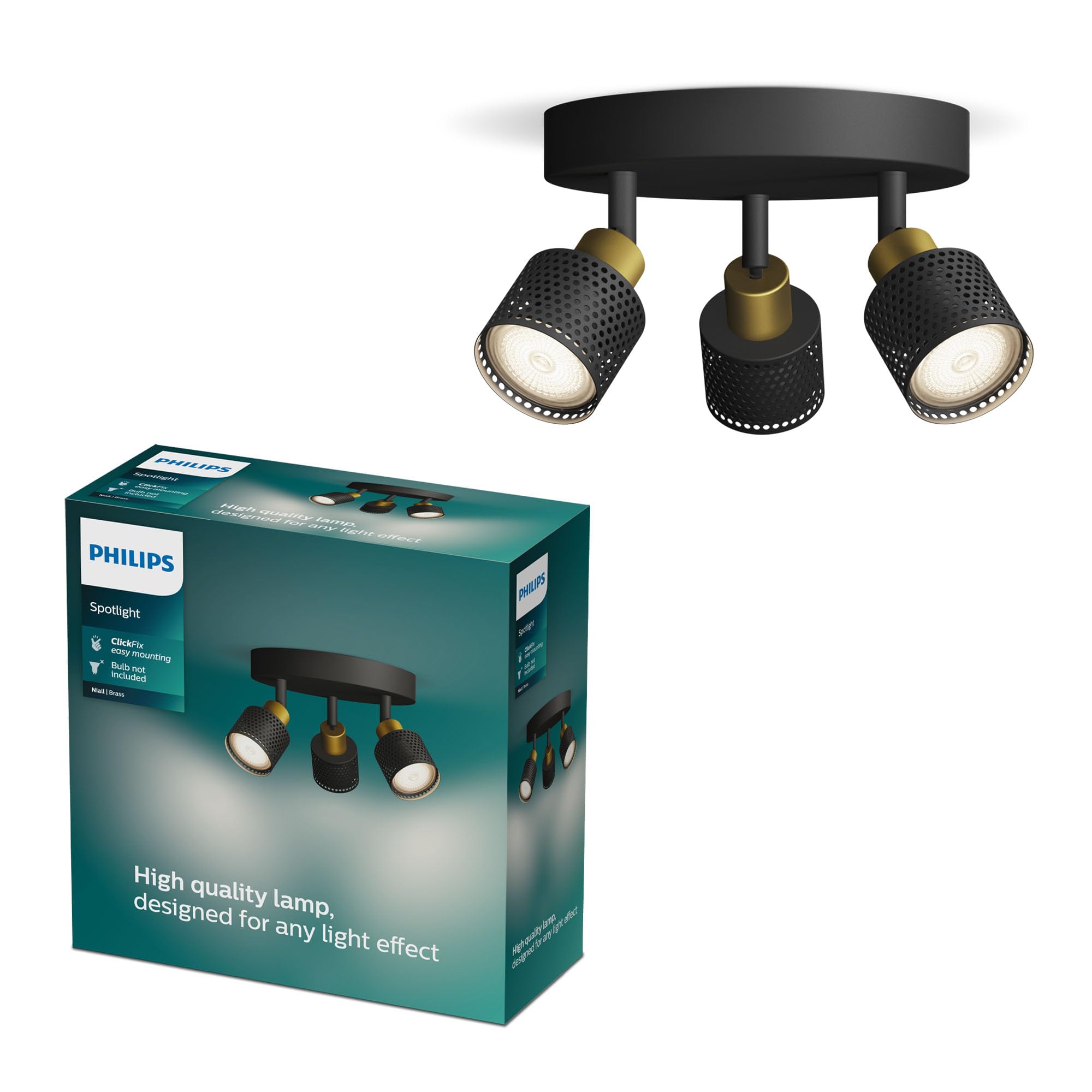 PHILIPS Niall Spot 3-Head on Round plale, GU10 not Included, Brass, IP20, Black-Gold, Black/Gold