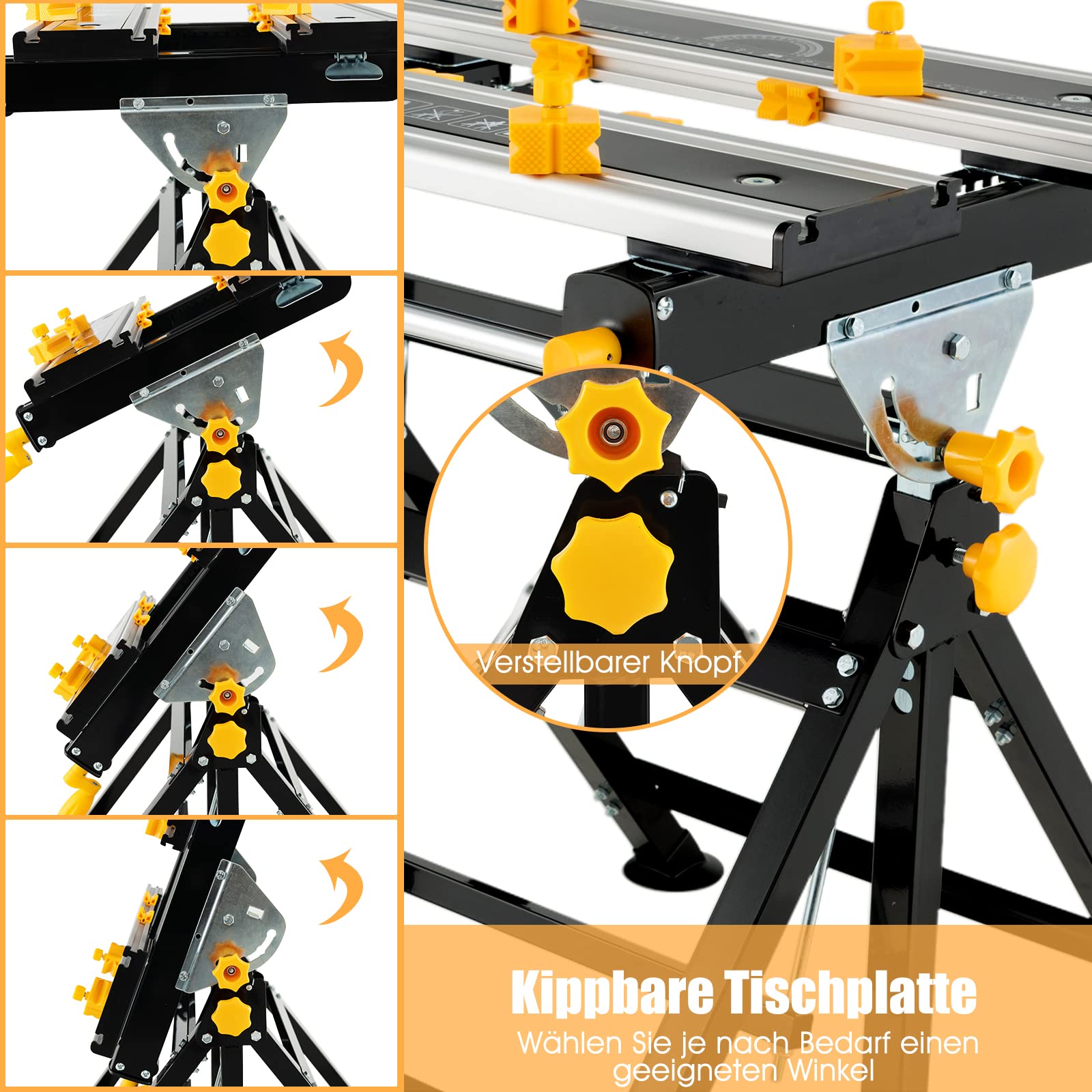 GYMAX Spann- und Arbeitstisch klappbar, tragbarer Untergestell 7-stufig höhenverstellbar, Arbeitsplatz mit ausziehbarer Tischplatte, Werkbank zum Reparieren & Schweißen, inkl. 8 verschiebbaren Klemmen