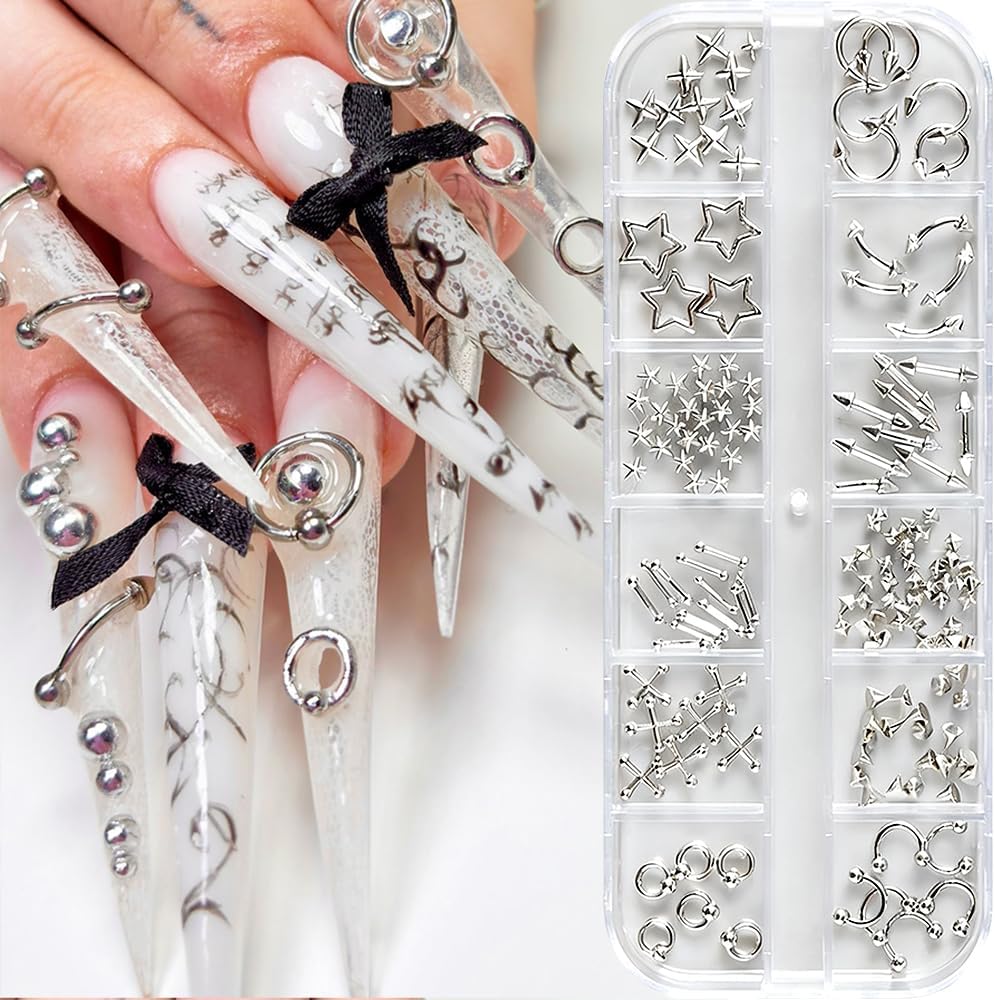 12 grids Silver Rivets Piercing Nail Charms Gothic Nail Studs Punk Metal Spike Piercing Jewelry Star Charms for Nails Design Goth Rivet Star Charm Nails Supplies Manicure Decor Accessories