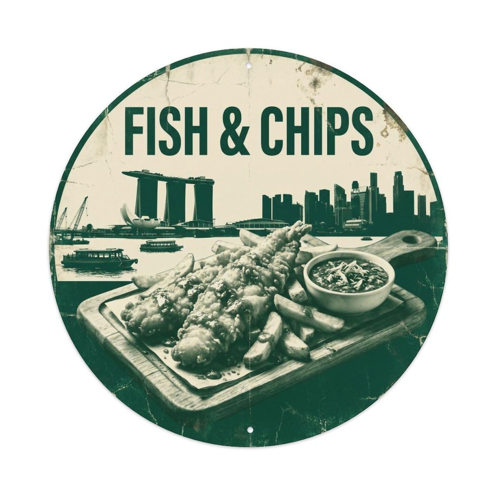 Market Food Seafood Chips Singapore Culture Black White Metal Tin Sign
