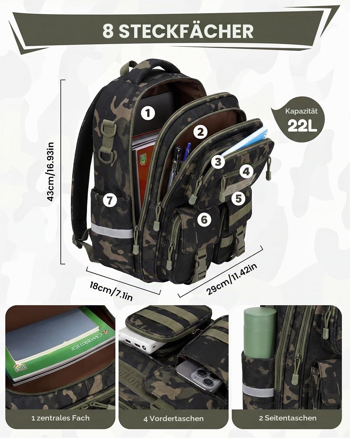 Tanou Schulrucksack Jungen 2-5. Klasse, Ergonomischer Schulranzen | Kinder Rucksack für Grundschule, 20 Liter Wasserabweisend Schultasche für Junge 8-12 Jahre, Camouflage-Schwarz