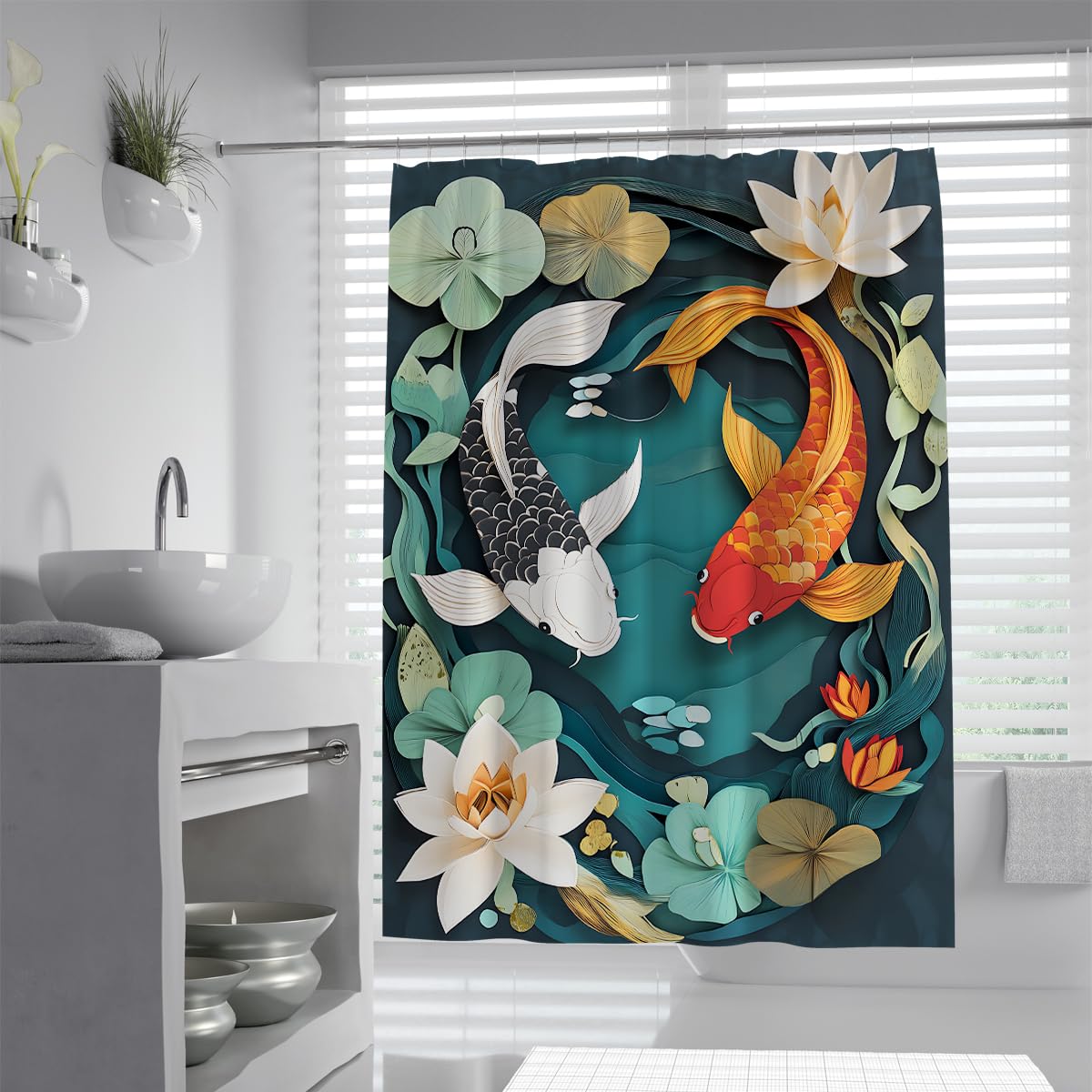 Uiringart Shower Curtains Yin Yang Koi Bathroom Curtains W200xl220cm Papercraft Effect Water Lilies Floral Swimming Carps Water-Repellent Machine Washable Polyester Fabric Bath Shower Curtain For Wet Room With Hooks