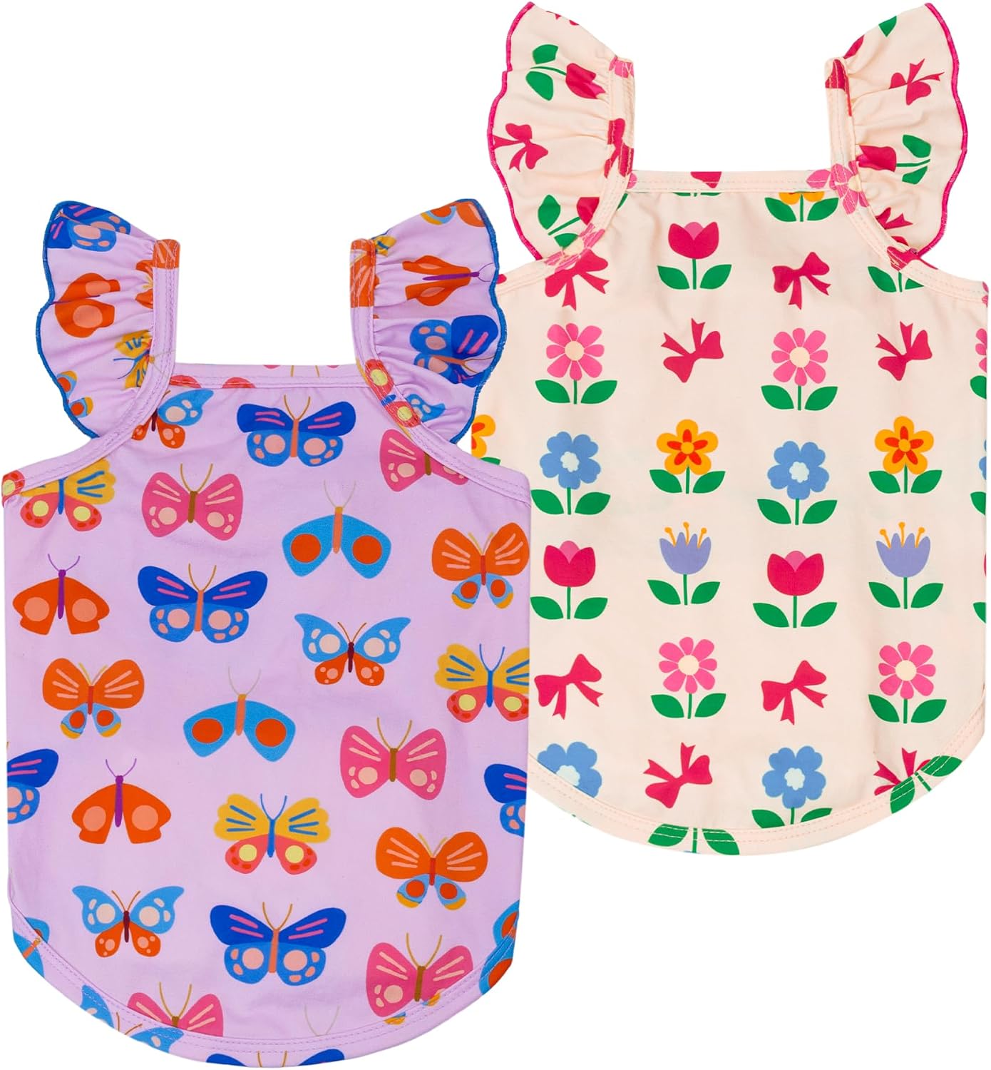 Fitwarm 2 Pack Butterfly & Flower Ruffle Dog Shirt, Cute Summer Clothes for Small Dogs Girl, Breathable Pet Tshirt, Purple, Beige, XXL
