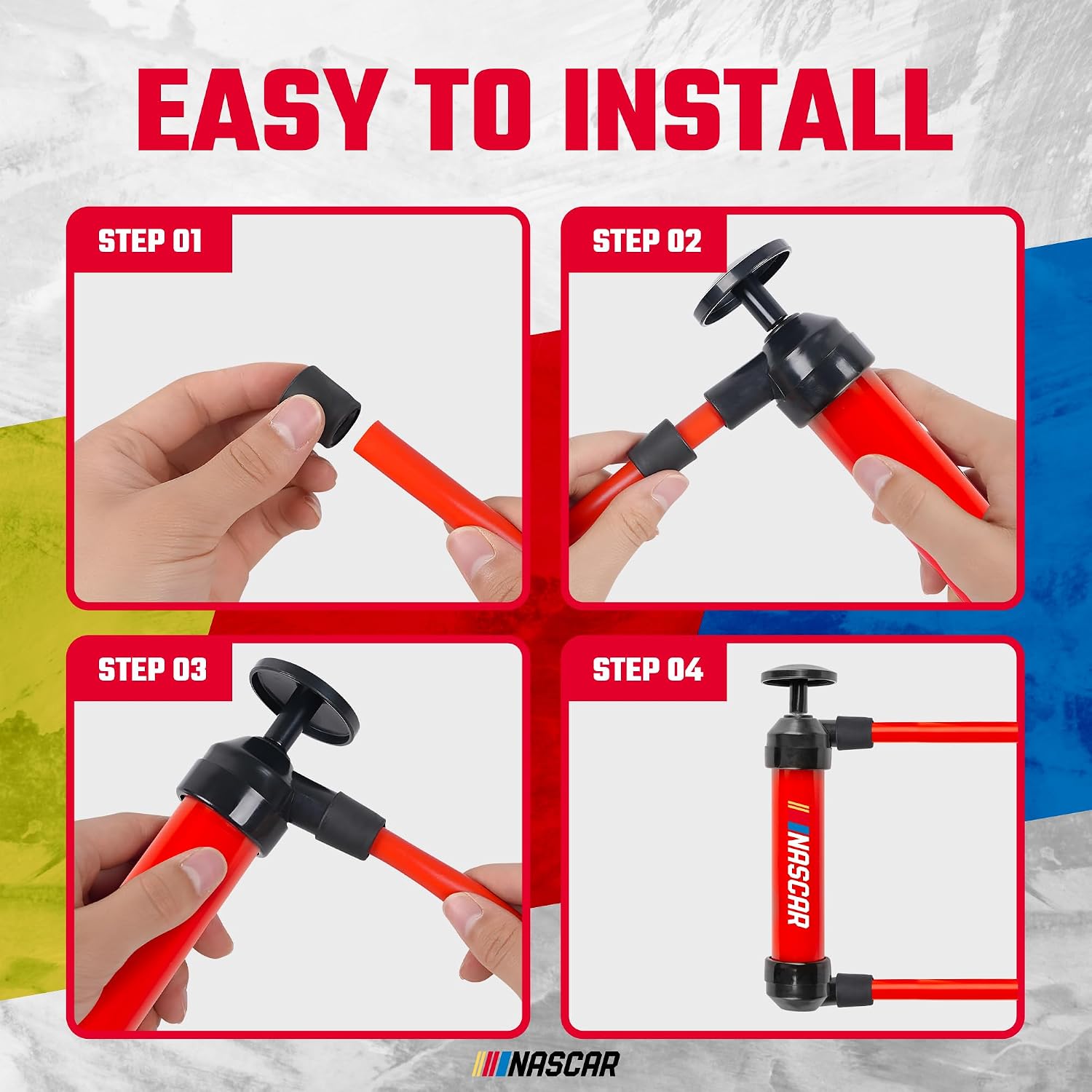 NASCAR Transfer Pump, Multi-Use Hand Siphon for Gasoline, Oil & Liquids, Leak-Free Gasoline Transfer Pump w/Siphon Hose, Portable Fluid Transfer & Air Pump Kit for Water, Tires & More, Red & Black