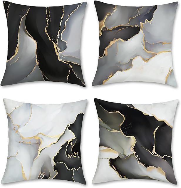 Bonhause Black Gold Grey Marble Cushion Covers 45 x 45 cm Marble Texture Modern Decorative Throw Pillow Covers Soft Velvet Pillowcases for Sofa Bed Home Patio Decor Set of 4