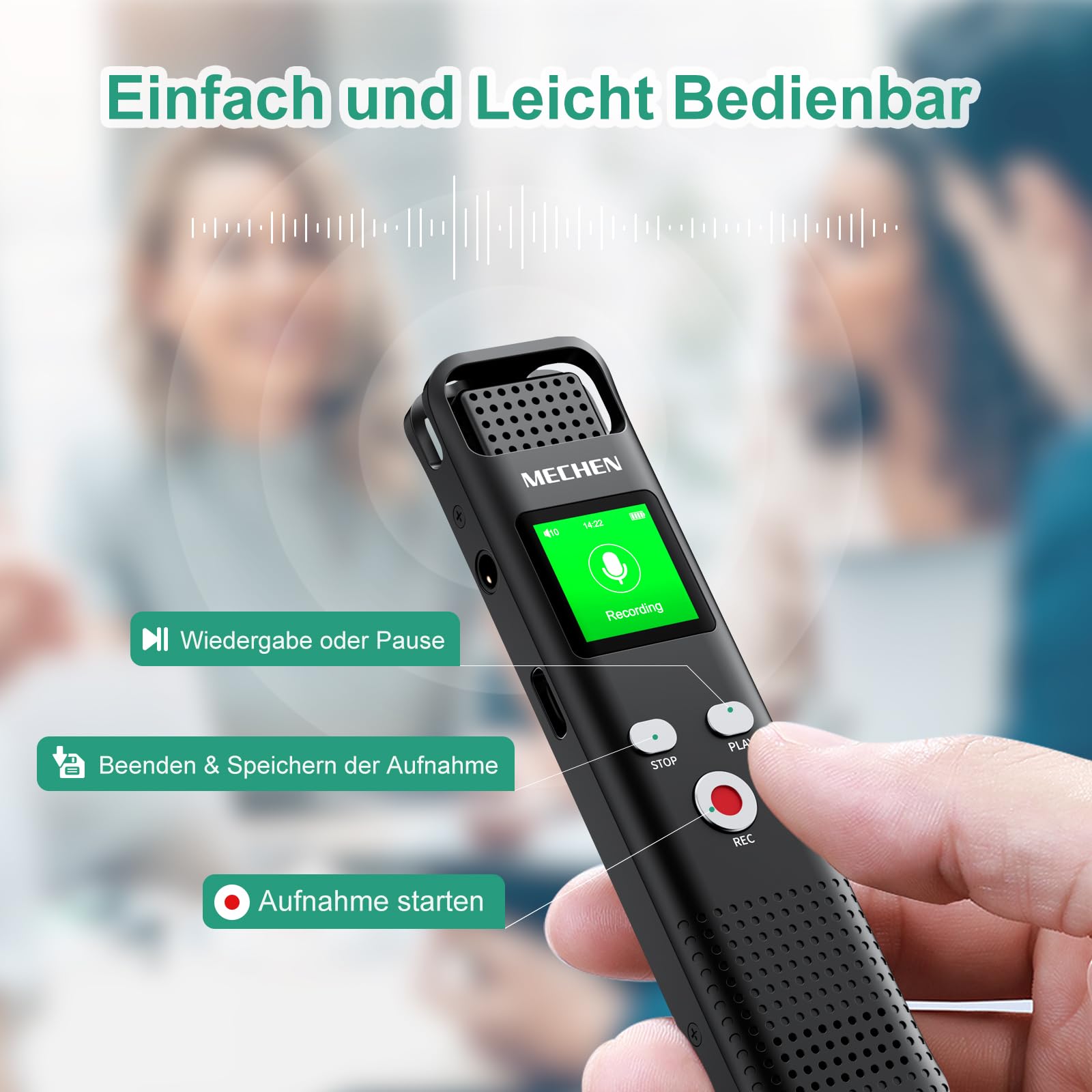 MECHEN V02 Diktiergerät 64GB, 1536Kpbs Digitales Aufnahmegerät mit One-Touch Aufnahme & Rauschunterdrückung für Interviews, Klassen und Meetings, Metallgehäuse, VOR, Line-in