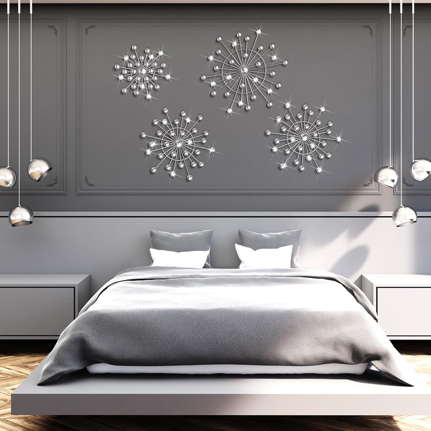 Blulu 4 Pcs Silver Wall Decor Bling Crystal Wall Art Cast Iron Rhinestones Sunburst Decor Metal Starburst Art Hanging Diamond Accents Decorative for Living Room Bedroom Entryway(Silver)