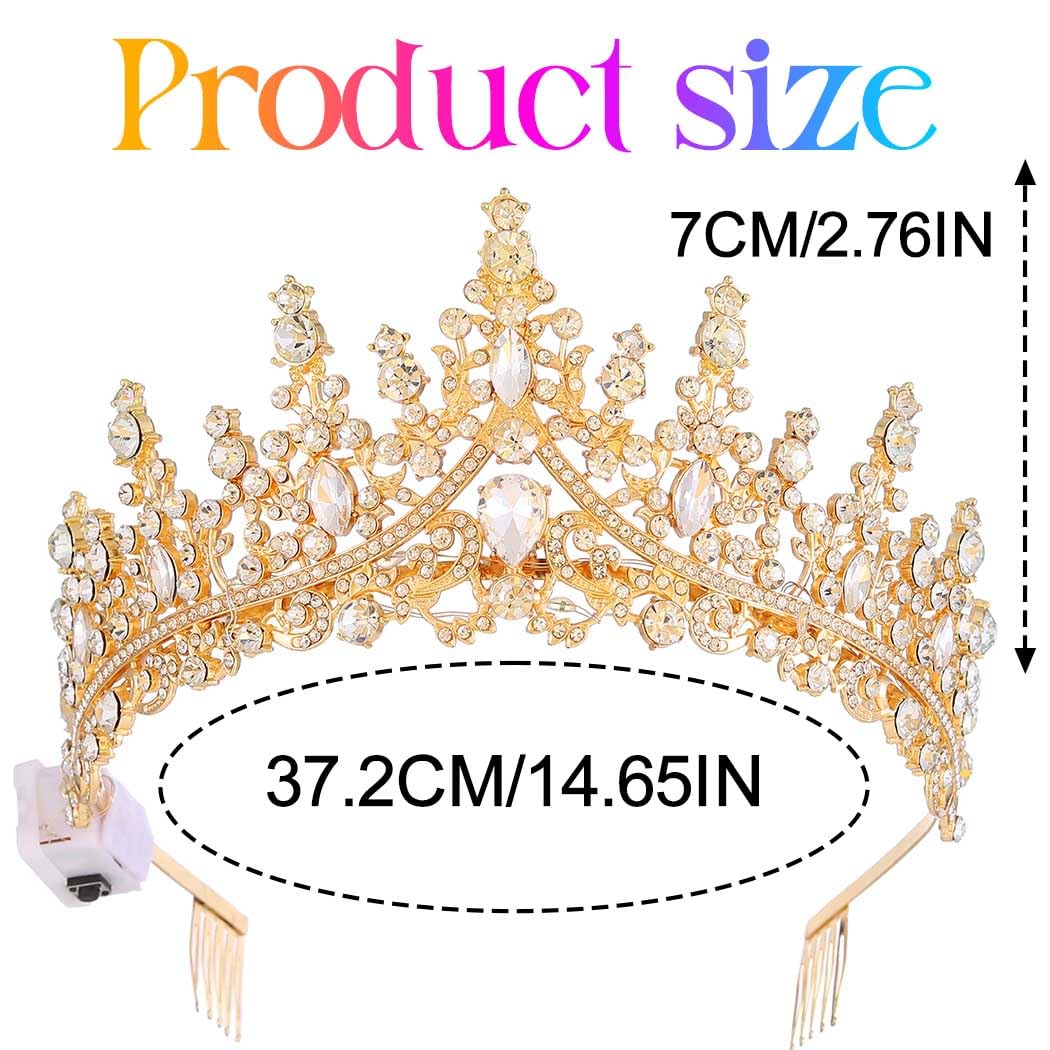 Kilshye Light Up Crown Gold Rhinestone Wedding Tiara Prom Costume Headband for Women - Image 7