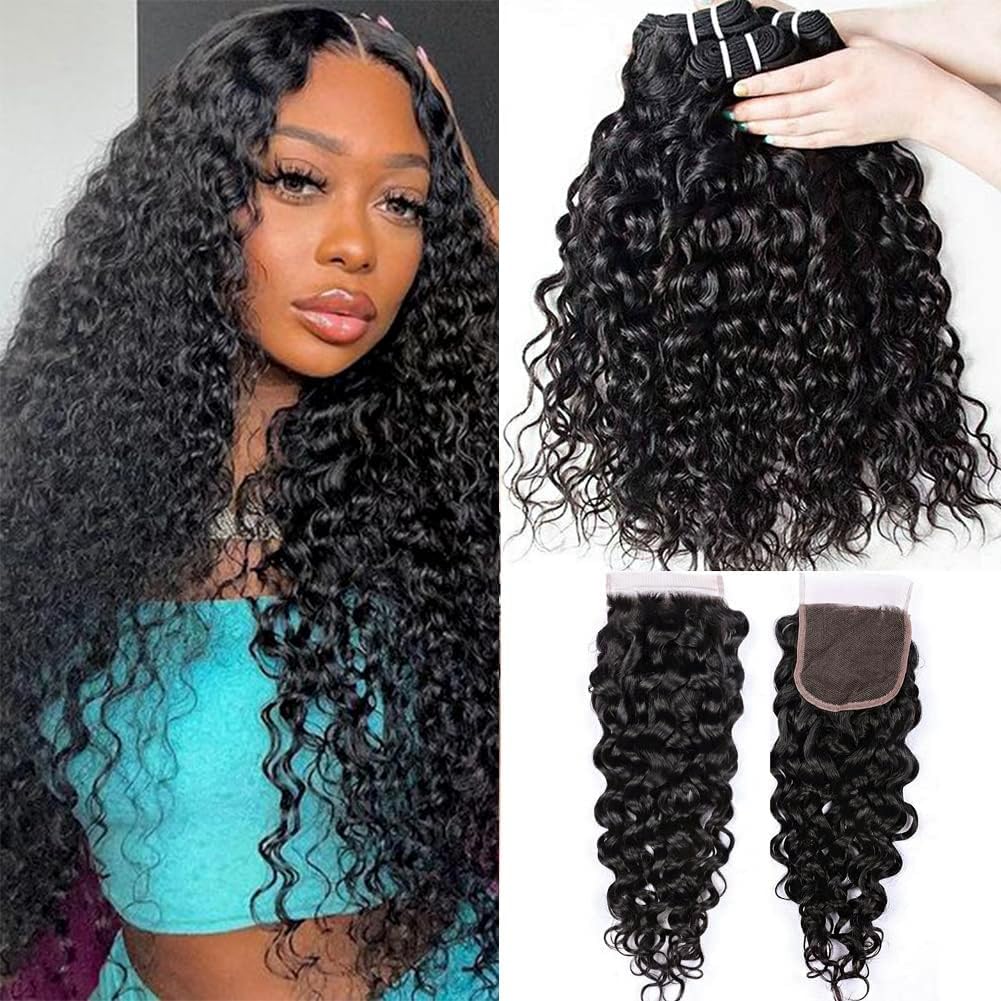 Water Wave 3 Bundles with Closure 100% Unprocessed Brazilian Water Curly Human Hair Weave with 4x4 Free Part Lace Closure Natural Color (12 14 16+10,Bundles with Closure)
