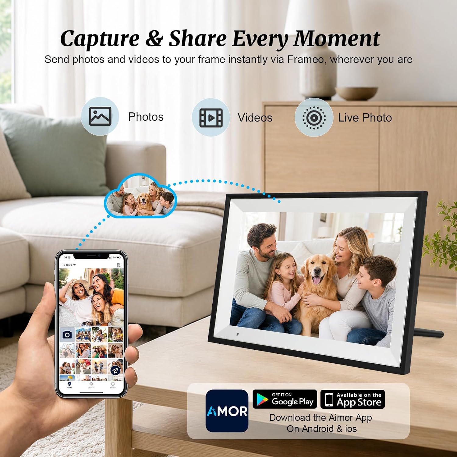 Digital Picture Frame, 10.1 Inch Digital Photo Frame with 32GB Storage, WiFi Photo Frame with 1280×800 HD IPS Touch Screen, Auto-Rotate Smart Electronic Frame, Share Photos and Videos via AiMOR App