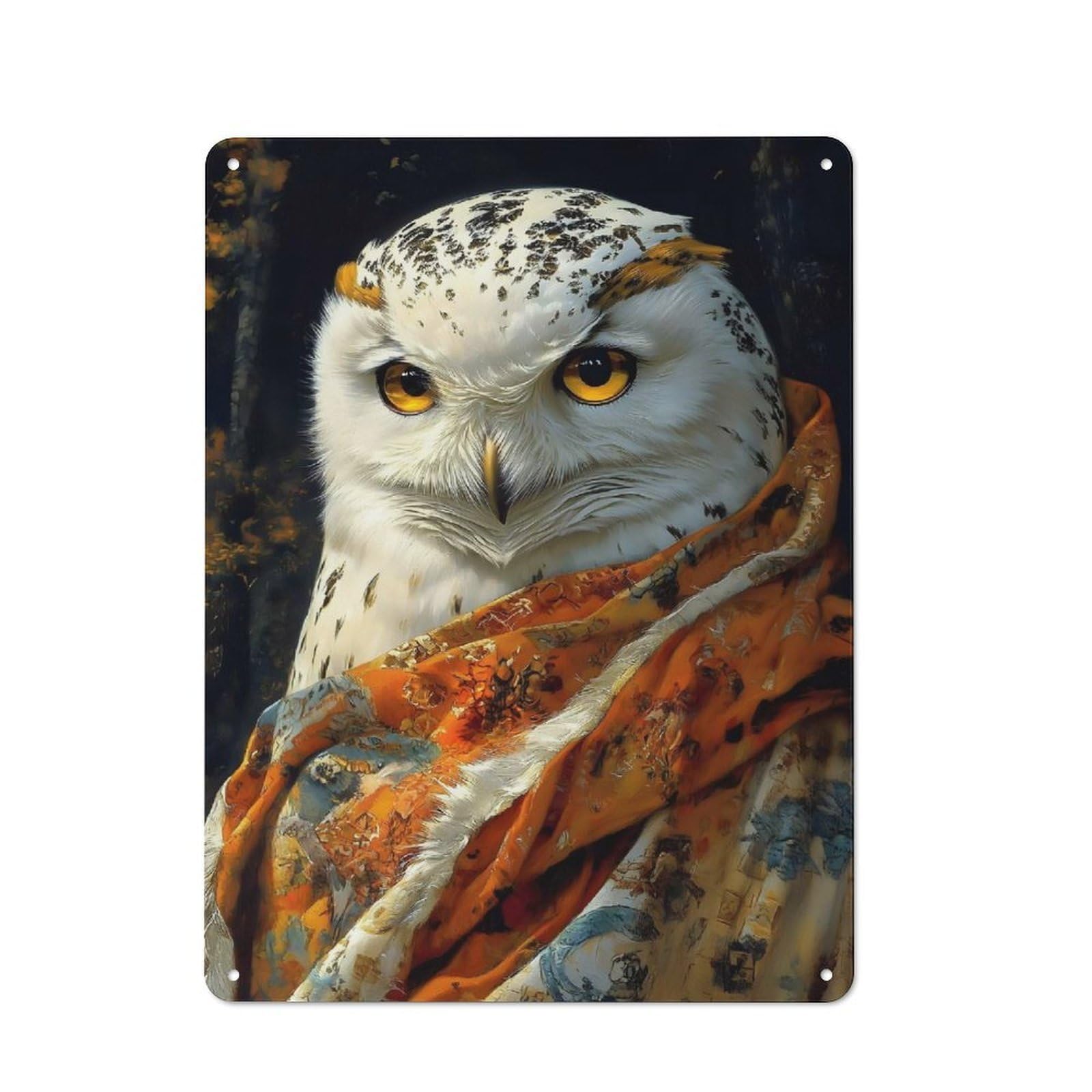 Rustic Snowy Owl Portrait Animal Tin Wall Sign 40x30cm, Kitchen Wall Decor for Bakery, Diner, Cafe Or Family Room