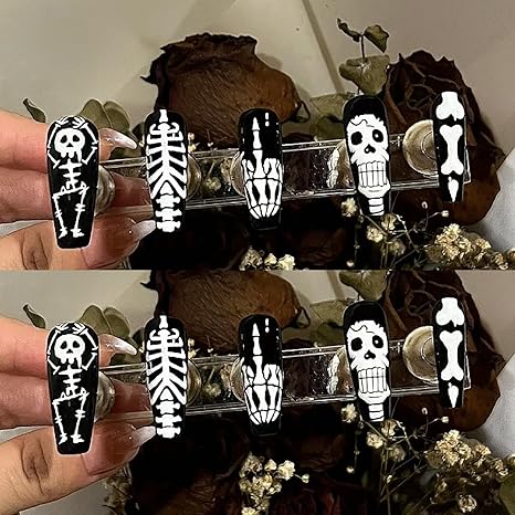 Black Press On Ballet Shaped Skeleton False Nails - DIY Stick On Coffin Nails, Reusable Artificial Acrylic, 24 Pcs