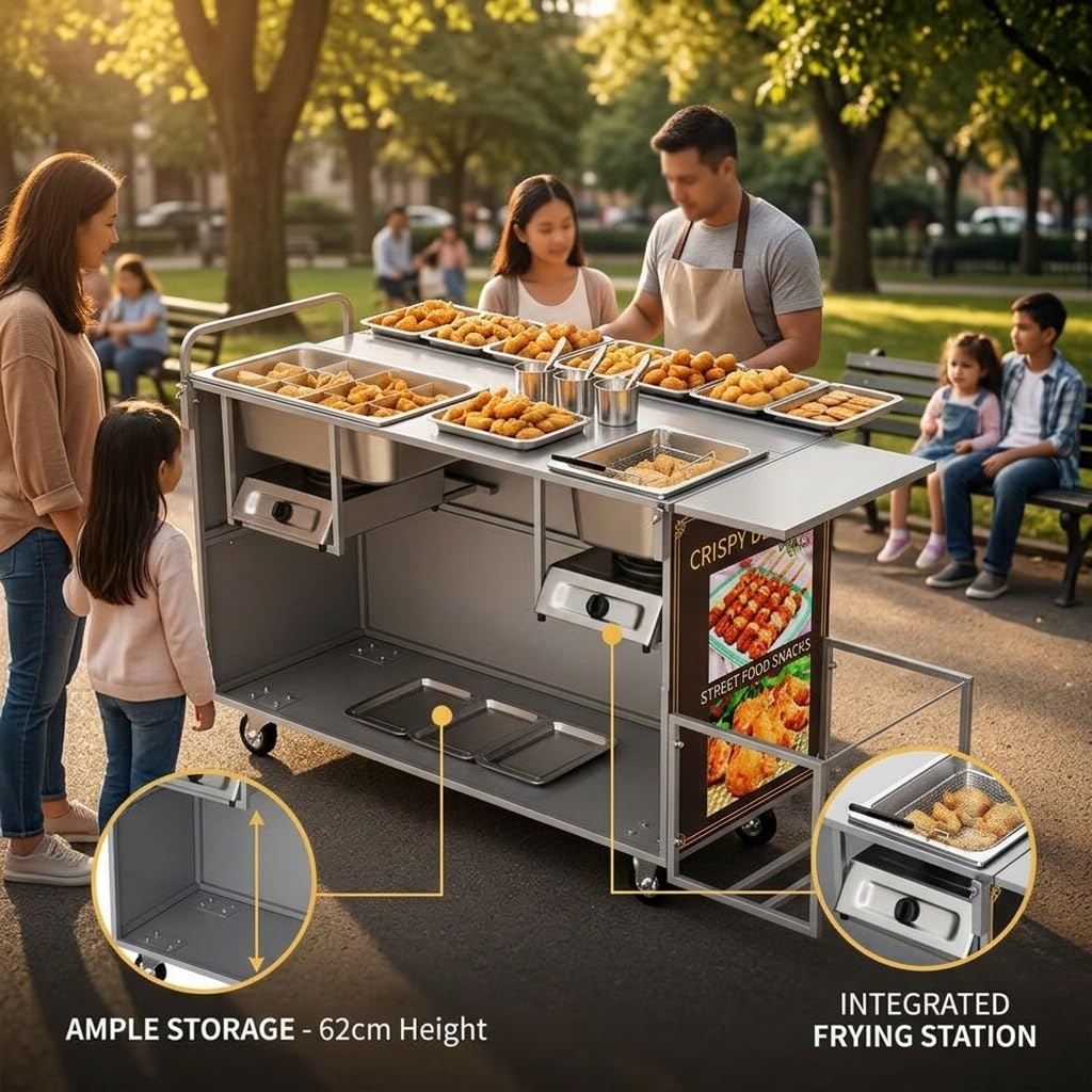 Carretto mobile per street food, Food Trailer e Food Truck completamente attrezzati, Banco espositivo portatile per mercati, street food ed eventi