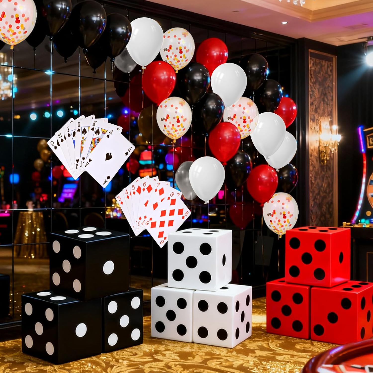45 Pcs Casino Theme Party Decorations, Casino Blloons, Casino Balloons Contain Red Black and Gold Balloons, Dice Boxes,Random Large Playing Cards, Suitable for Vegas Themed Party Decorations