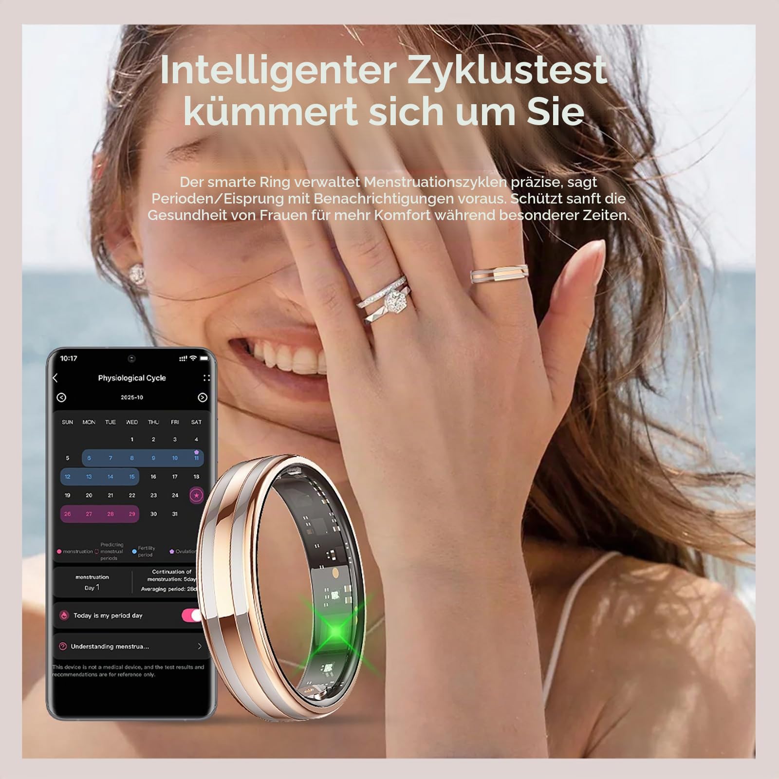 Smart Ring Damen Herren Schmal Fitnessringe Fitness Traking Ring Menstruation Herzfrequenz Pulsmesser Schlafanalyse Schrittzähler Schmuck Ring Elegant Gesundheitsring Android iOS Rosegold Silber