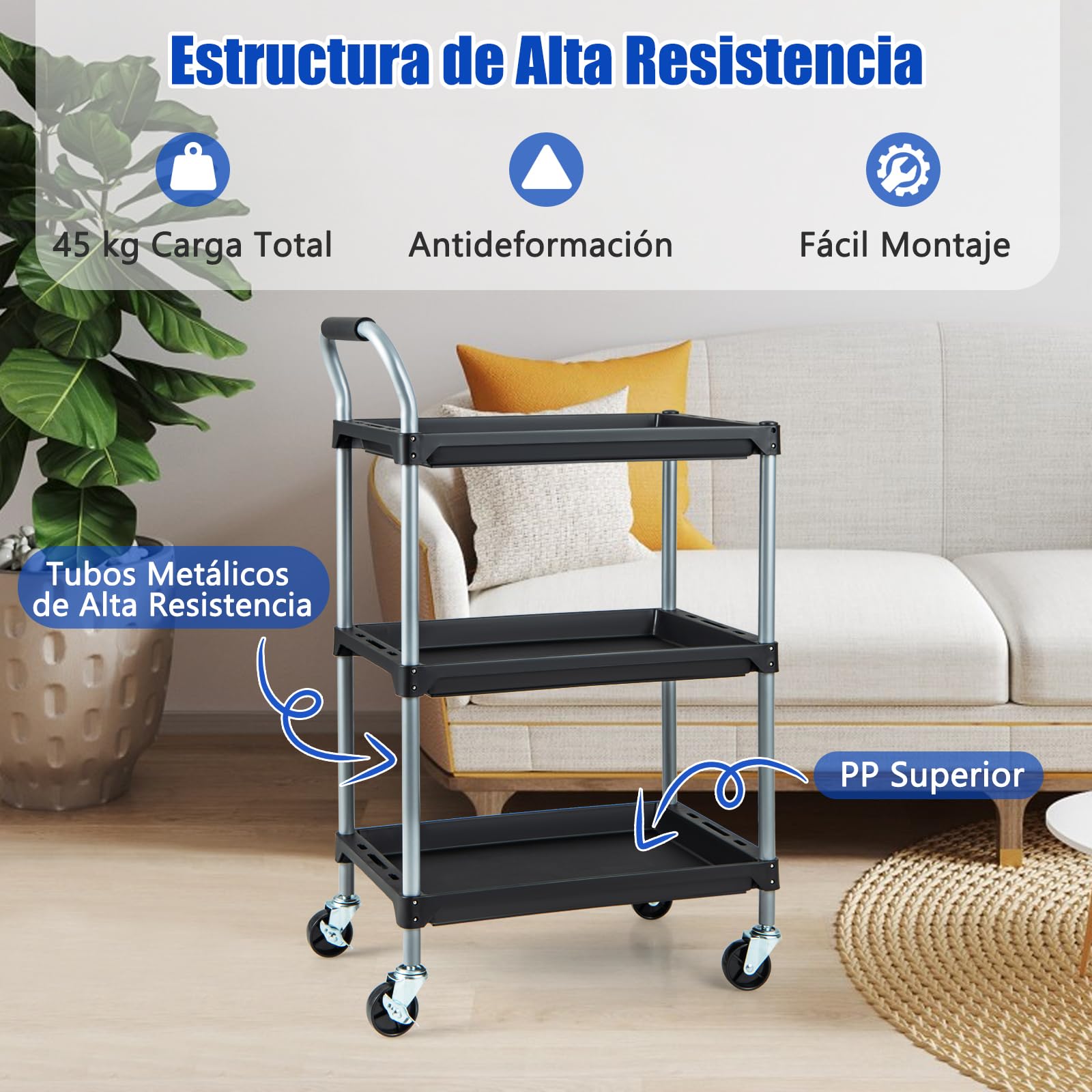 COSTWAY Carro de Herramientas de 3 Niveles, Carro de Taller de Metal con 4 Ruedas Universales y Mango de Esponja, Carrito de Herramientas Multiusos para Garaje Mecánico Hogar (64 x 40 x 102 cm)