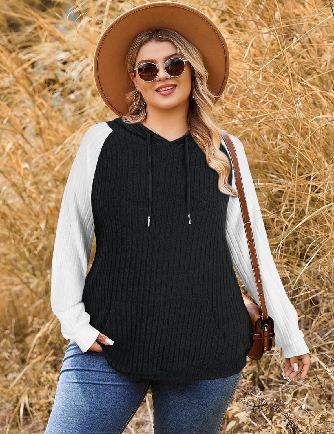 Koscacy Womens Plus Size Hoodie Sweaters Lightweight Color Block Raglan Sleeve Pullover Tops - Image 5