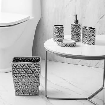 Silver Bathroom Accessories Set 5 Pcs - Toothbrush Holder, Lotion Soap Dispenser, 2 Soap Dish, Tumbler, Bathroom Tumbler - Countertop Vanity Organizer - Bathroom Accessory Set
