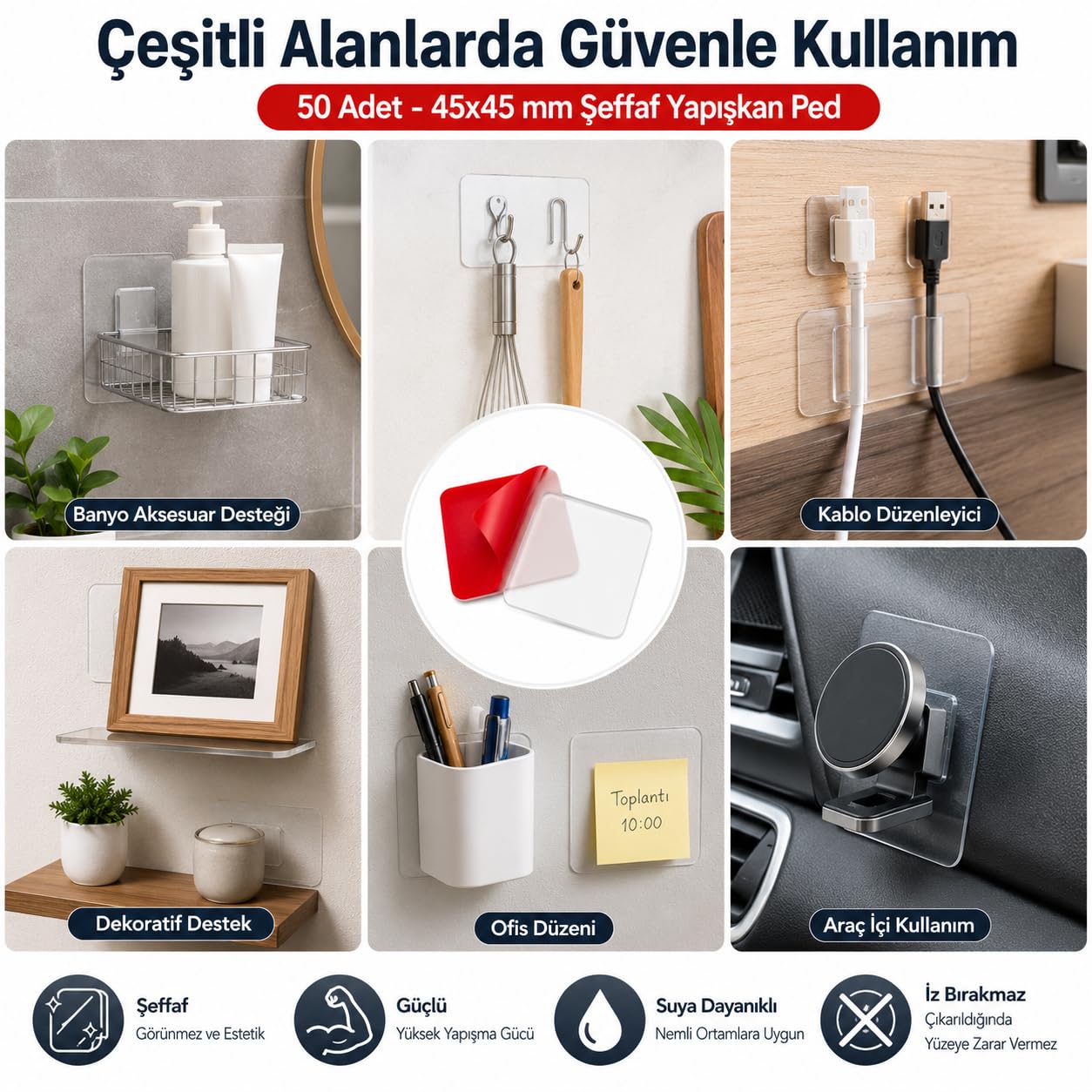 Alper Banyo 50 Adet 45x45 mm Şeffaf Yapışkan Kırmızı Koruyucu Filmli Çift Taraflı Güçlü Yapışkan Bant, İz Bırakmadan Çıkarılabilir Çok Amaçlı Montaj Pedi
