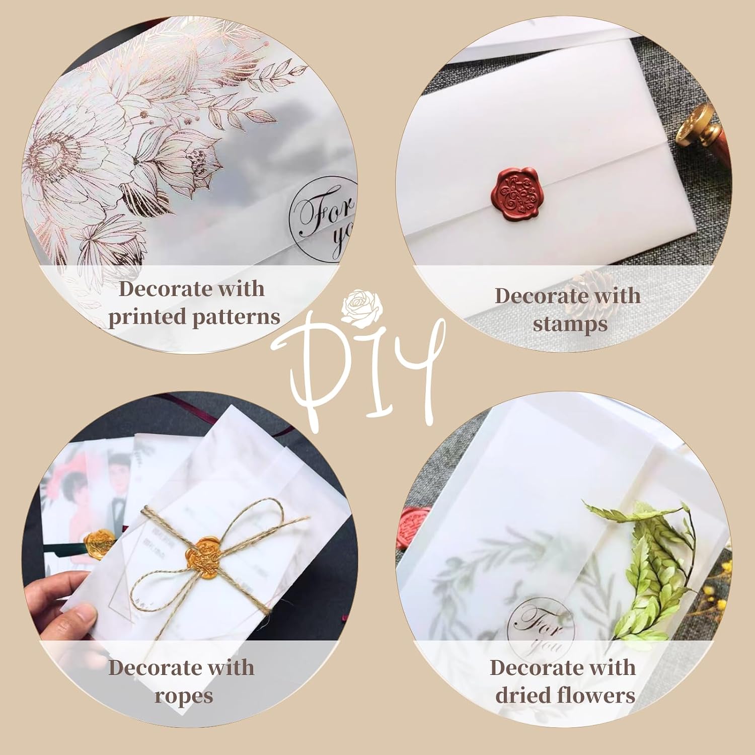 Cayton 100 Pack Pre-Folded Vellum Jackets for 5x7 Invitations, Bulk Transparent Paper Envelope Liners for Wedding Baby Baptism Birthday Invitation