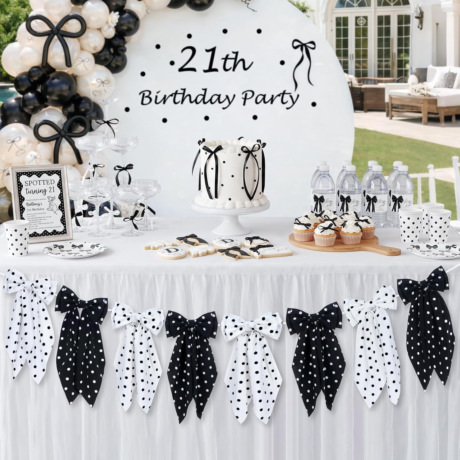 Black and White Polka Dot Bow Garland Banner, Fabric Bows Banner Decor | White Black Polka Dot Bow Birthday Decorations, Wedding Bachelorette Bridal Shower Graduation Party Decorations