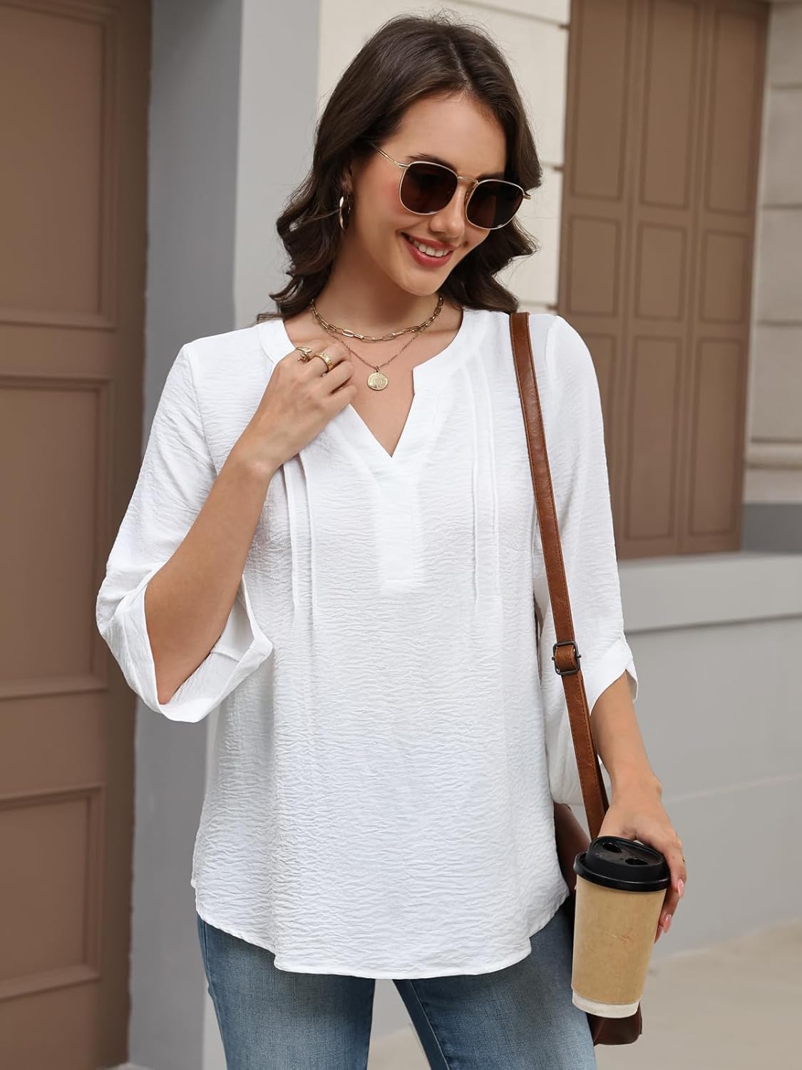 Womens Dressy Split Neck Blouse 3/4 Sleeve Casual Loose Fit Shirt - Image 3