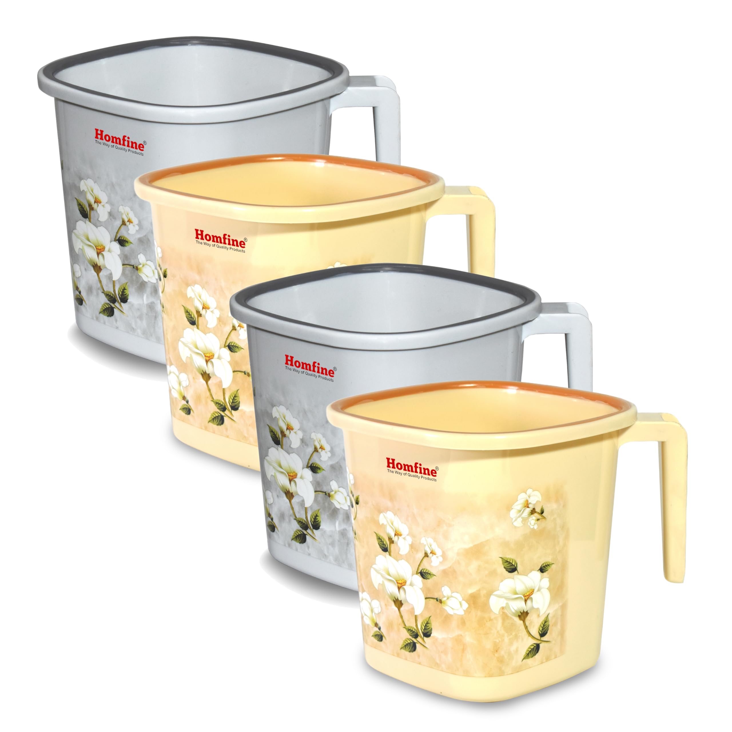 Homfine Pack of 4 Printed Square Bath Mug 1.5 litre/1500ml BPA Free Plastic for Multipurpose use in Home, Kitche, Office, Bathroom (Grey. Cream)