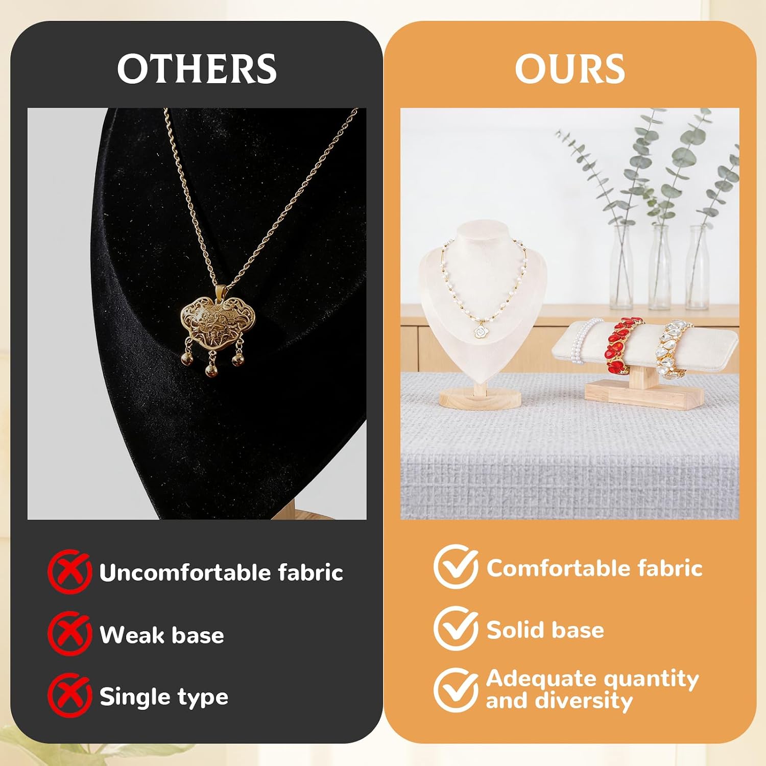 Rainmae 4 Pcs Jewelry Display Set, Necklace Display Stand and T Bar Bracelet Holder, Wooden Necklace/Watch/Bracelet Display Rack, Jewelry Bust for Selling for Vendors Home Trade Organizer (Medium)