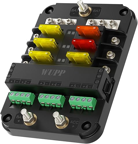 WUPP Bloque de fusibles de 12 V con relé, caja de fusibles de 6 circuitos automotrices con interfaz Acc, bloque de fusibles universal y kit de relé