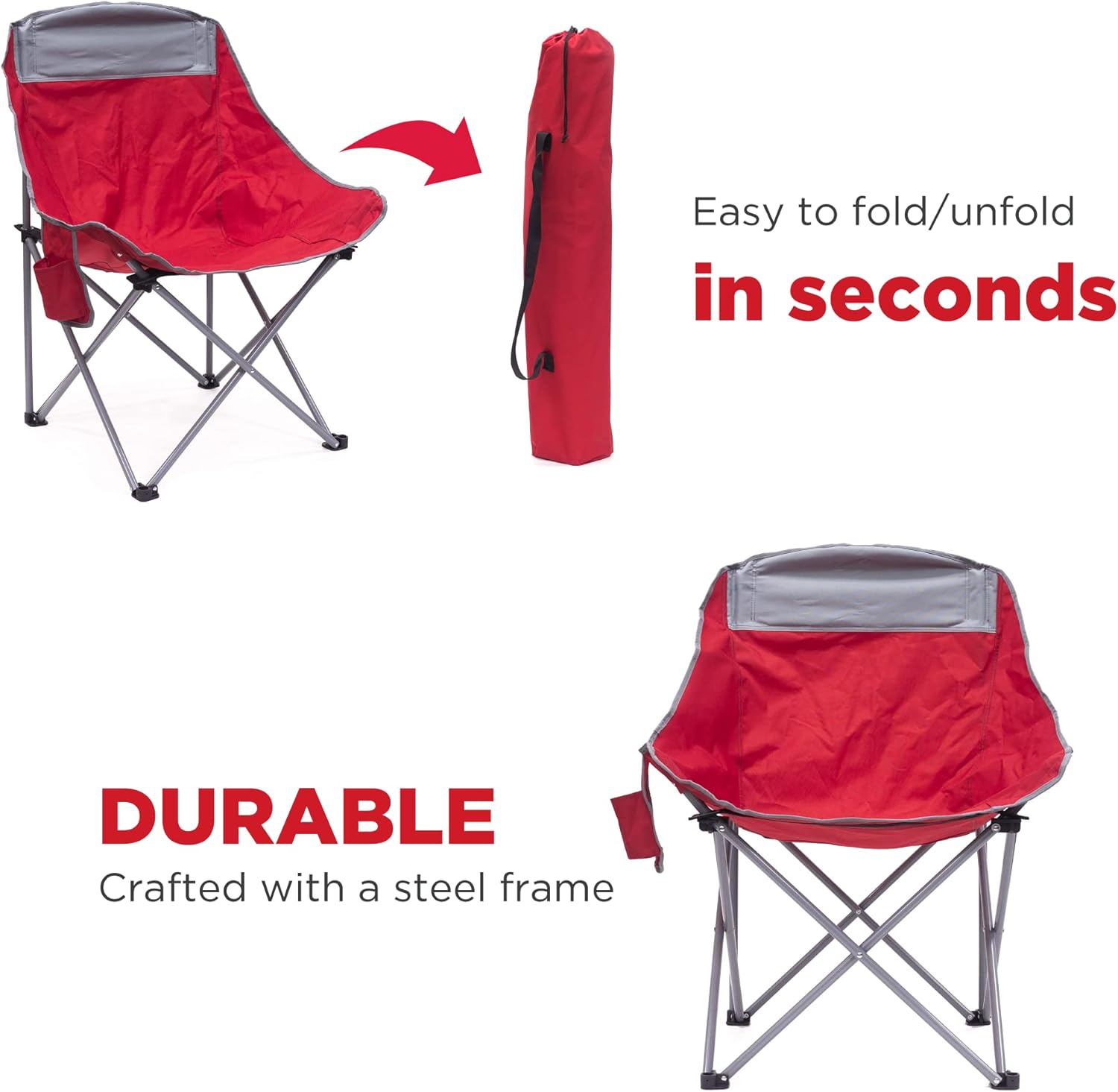 Creative Outdoor Folding Camping Bucket Moon Chair with Side Storage Pocket, Red