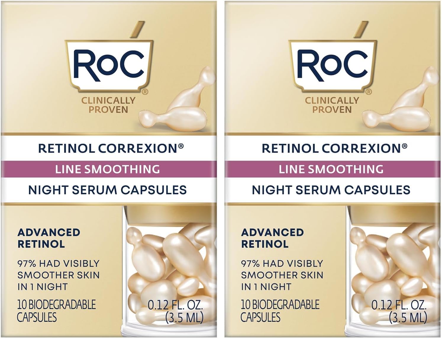RoC Retinol Correxion Line Smoothing Night Serum Capsules, Daily Anti-Aging Skin Care Treatment for Fine Lines, Dark Spots, Acne Scars, 10 Count (Pack of 2)