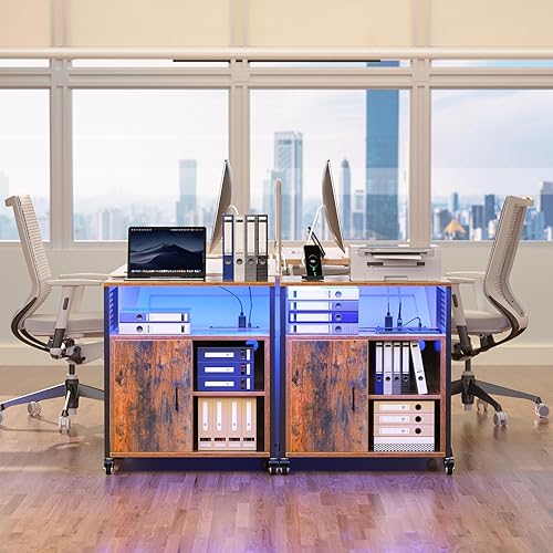 Miniatura 2 de LOWOSA Archivador de ruedas LED con cerradura, archivadores con estación de carga, soporte de impresora con almacenamiento para oficina y hogar,