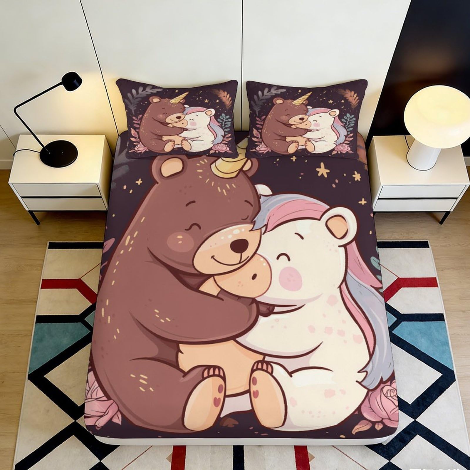 3D Printed Bear Unicorn Fitted Sheet Microfiber Soft Mattress Cover Cartoon Animal Decor for Bedroom Guest Room 90x200x25cm