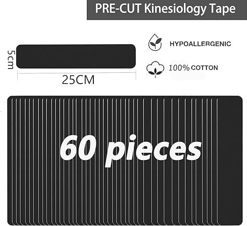 Vista 24 de Cinta de kinesiología precortada (6 rollos, 120 tiras precortadas), impermeable, para deportes y atletismo, cinta terapéutica deportiva, cinta Negro