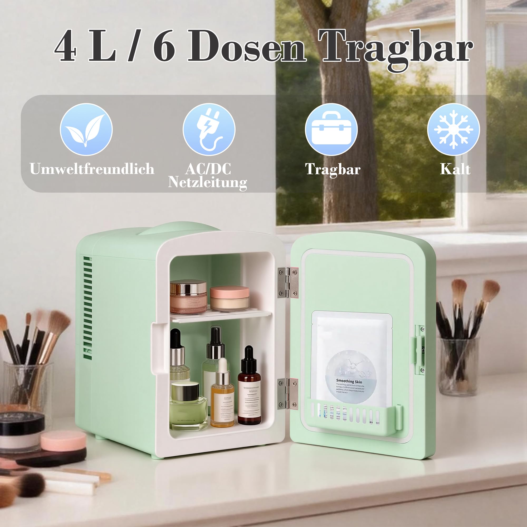 Iceblue Mini-Kühlschränke, Hautpflege Kühlschrank mit verstellbarer LED-Licht, 4L / 6Dosen Kompakt Make-up-Kühlschrank für Kosmetik & Getränke, kleiner Kühler für Zuhause, Auto, Geschenke (Grün)