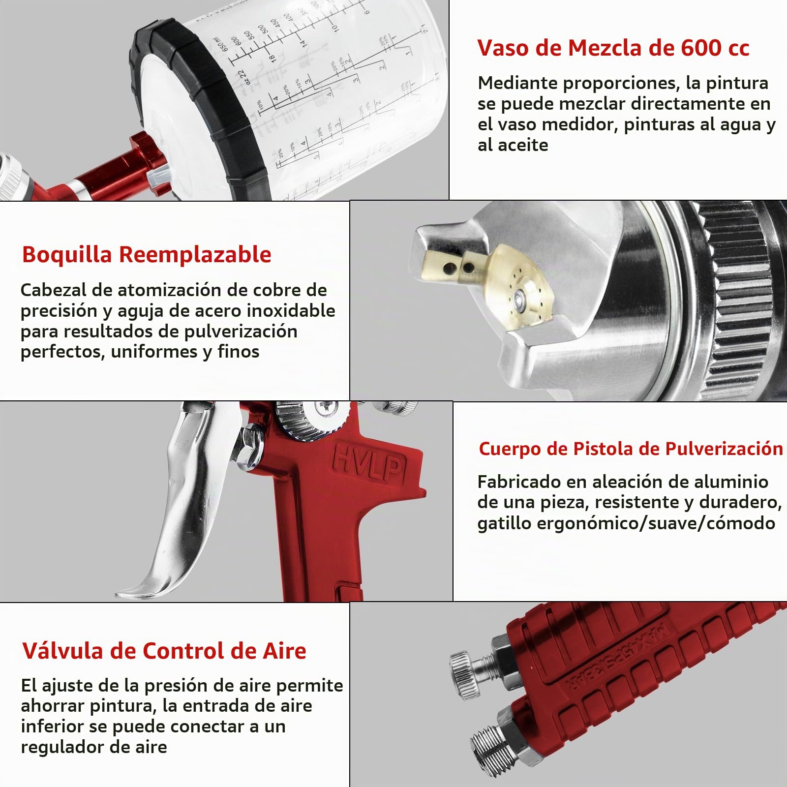 HVLP - Kit de pistola de pulverización profesional de aire por gravedad de 1,4/1,7/2,0/2,5 mm, con boquilla de 650 ml y 10 vasos desechables de 650 ml, herramienta de pulverización de pintura para