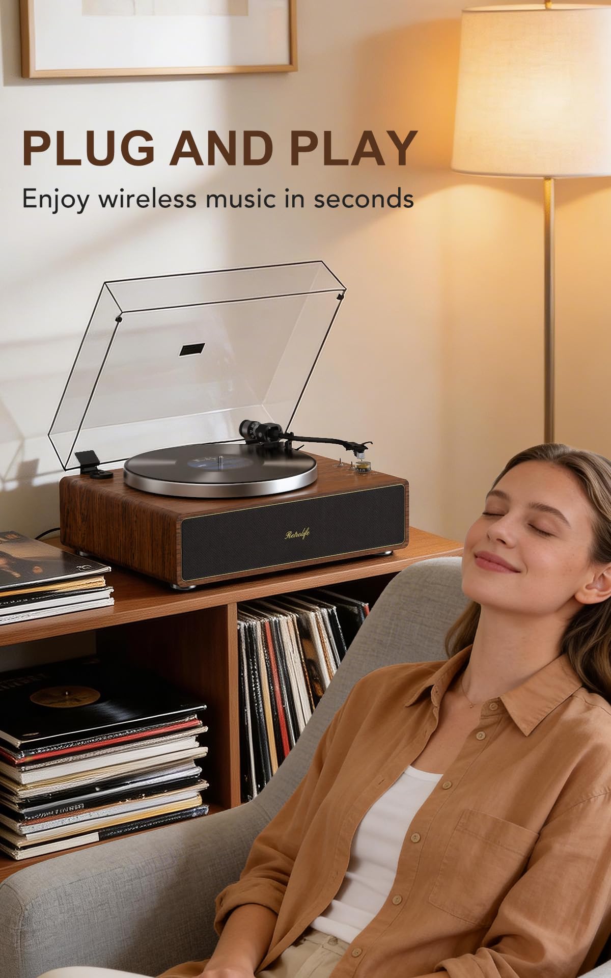 Retrolife Plattenspieler mit Integrierten Lautsprechern Riemenantrieb 33/45 U/min Vinyl Schallplattenspieler Unterstützt Bluetooth-Wiedergabe mit Auto-Stopp Funktion RCA Out und AUX-In Gelb-braun